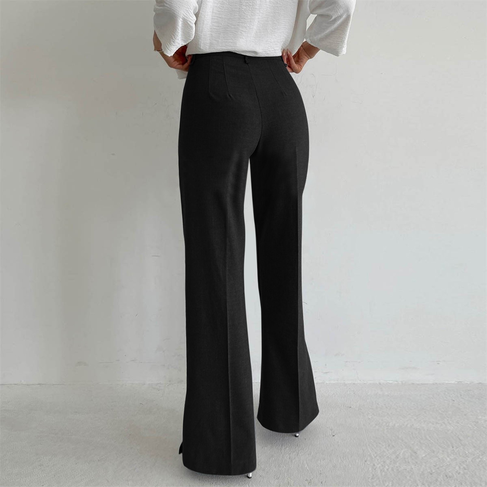 thumbnail image 3 of Pantalones holgados informales para mujer: pantalones rectos con abertura, cintura elástica, tallas S-L, 3 of 7